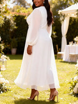 AOMEIDRESS Pleated Chiffon Dress Patchwork Lace Sequin Puff Sleeves