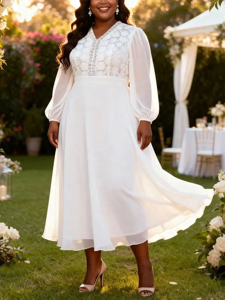 AOMEIDRESS Pleated Chiffon Dress Patchwork Lace Sequin Puff Sleeves