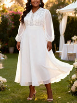 AOMEIDRESS Pleated Chiffon Dress Patchwork Lace Sequin Puff Sleeves