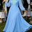 AOMEIDRESS Pleated Chiffon Dress Patchwork Lace Sequin Puff Sleeves - Blue / L