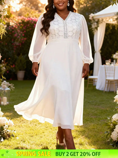 AOMEIDRESS Pleated Chiffon Dress Patchwork Lace Sequin Puff Sleeves White / L