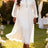 AOMEIDRESS Pleated Chiffon Dress Patchwork Lace Sequin Puff Sleeves White / L