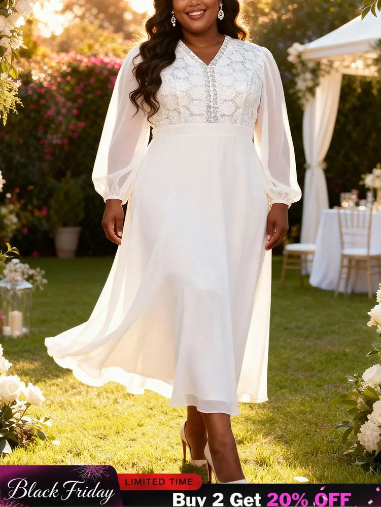 AOMEIDRESS Pleated Chiffon Dress Patchwork Lace Sequin Puff Sleeves White / L