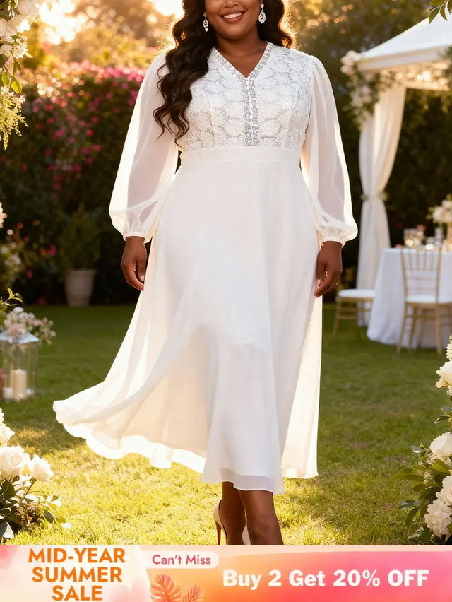 AOMEIDRESS Pleated Chiffon Dress Patchwork Lace Sequin Puff Sleeves White / L