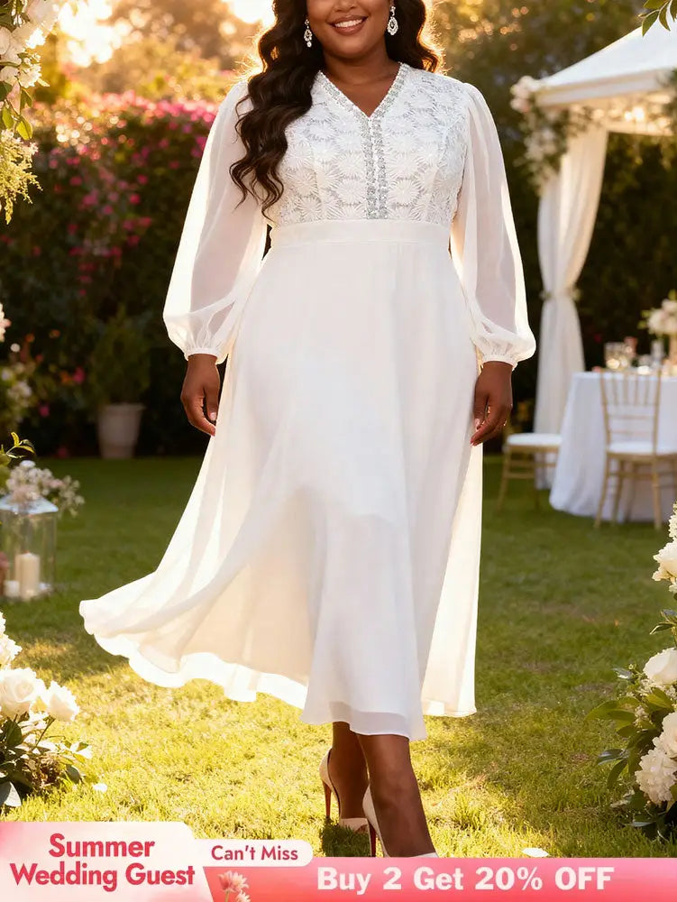 AOMEIDRESS Pleated Chiffon Dress Patchwork Lace Sequin Puff Sleeves White / L