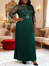 AOMEIDRESS Pleated Chiffon Dress with Shiny Mesh 3D Flower Belt Party