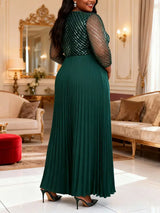 AOMEIDRESS Pleated Chiffon Dress with Shiny Mesh 3D Flower Belt Party