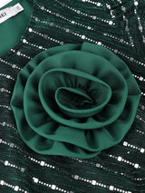 AOMEIDRESS Pleated Chiffon Dress with Shiny Mesh 3D Flower Belt Party