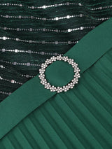 AOMEIDRESS Pleated Chiffon Dress with Shiny Mesh 3D Flower Belt Party