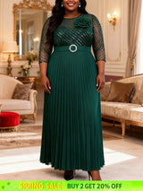 AOMEIDRESS Pleated Chiffon Dress with Shiny Mesh 3D Flower Belt Party DarkGreen / L