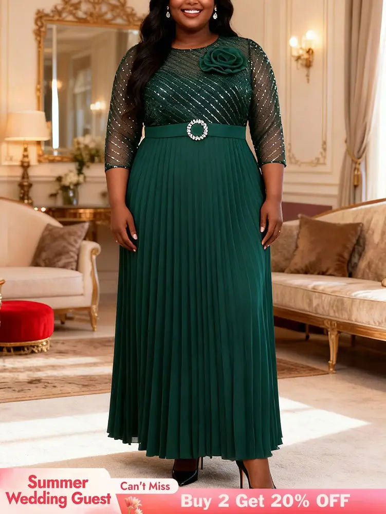 AOMEIDRESS Pleated Chiffon Dress with Shiny Mesh 3D Flower Belt Party DarkGreen / L
