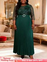 AOMEIDRESS Pleated Chiffon Dress with Shiny Mesh 3D Flower Belt Party DarkGreen / L