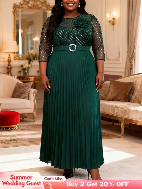 AOMEIDRESS Pleated Chiffon Dress with Shiny Mesh 3D Flower Belt Party DarkGreen / L