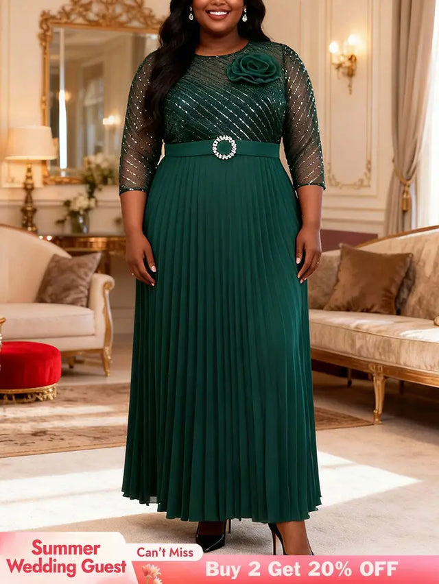 AOMEIDRESS Pleated Chiffon Dress with Shiny Mesh 3D Flower Belt Party DarkGreen / L