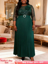 AOMEIDRESS Pleated Chiffon Dress with Shiny Mesh 3D Flower Belt Party DarkGreen / L