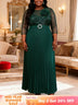 AOMEIDRESS Pleated Chiffon Dress with Shiny Mesh 3D Flower Belt Party DarkGreen / L