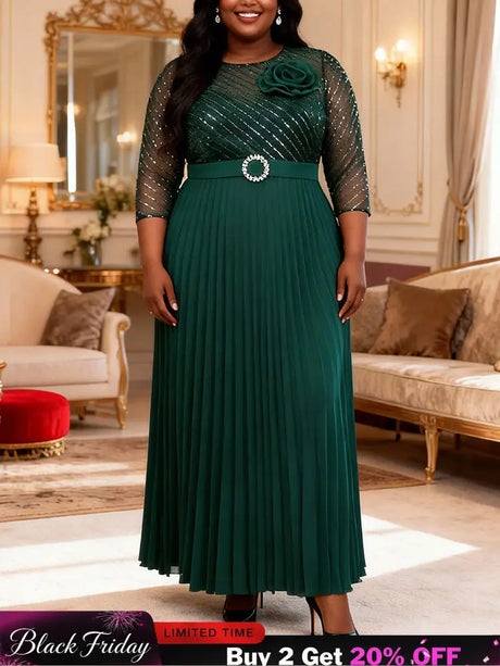 AOMEIDRESS Pleated Chiffon Dress with Shiny Mesh 3D Flower Belt Party DarkGreen / L