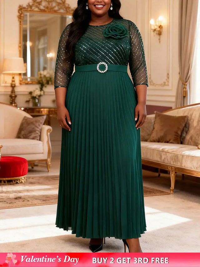 AOMEIDRESS Pleated Chiffon Dress with Shiny Mesh 3D Flower Belt Party DarkGreen / L