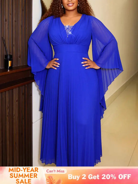 AOMEIDRESS Pleated Chiffon Prom Dress V Neck Beading Batwing Sleeves - Blue / L
