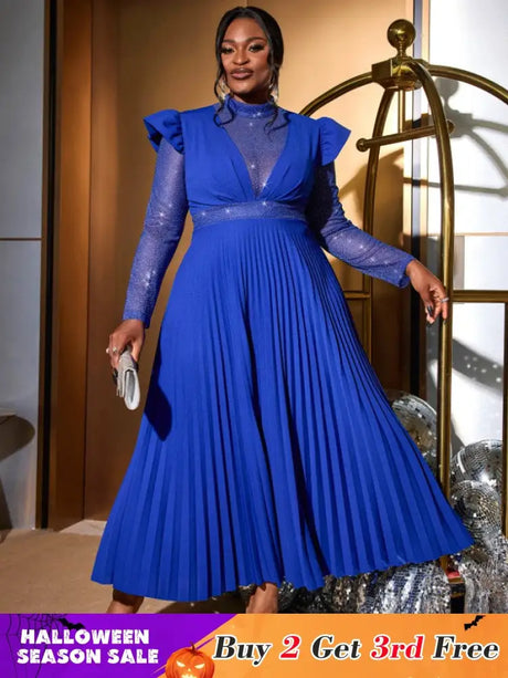 AOMEIDRESS Pleated Dress Mock Neck Sheer Long Sleeve Draped A Line Blue / S