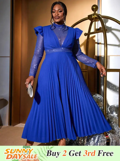 AOMEIDRESS Pleated Dress Mock Neck Sheer Long Sleeve Draped A Line Blue / S