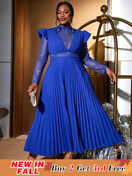 AOMEIDRESS Pleated Dress Mock Neck Sheer Long Sleeve Draped A Line Blue / S