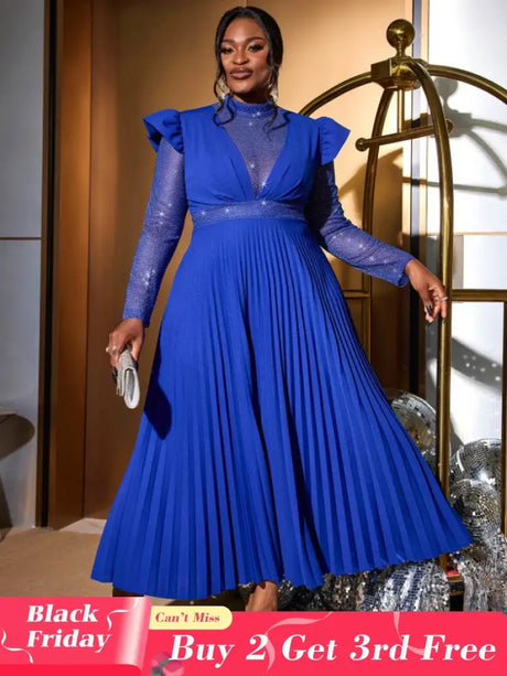 AOMEIDRESS Pleated Dress Mock Neck Sheer Long Sleeve Draped A Line Blue / S