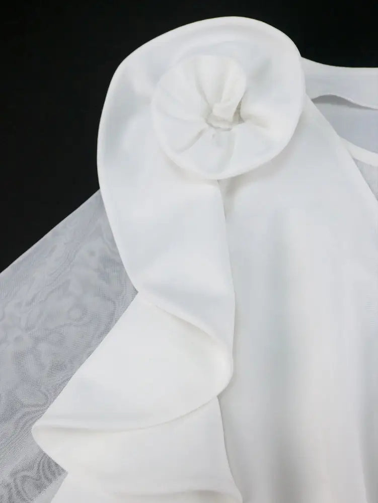 AOMEIDRESS Pleated Dress O Neck Ruffles Flower Tulle Sleeve Patchwork