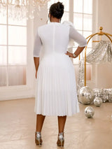 AOMEIDRESS Pleated Dress O Neck Ruffles Flower Tulle Sleeve Patchwork