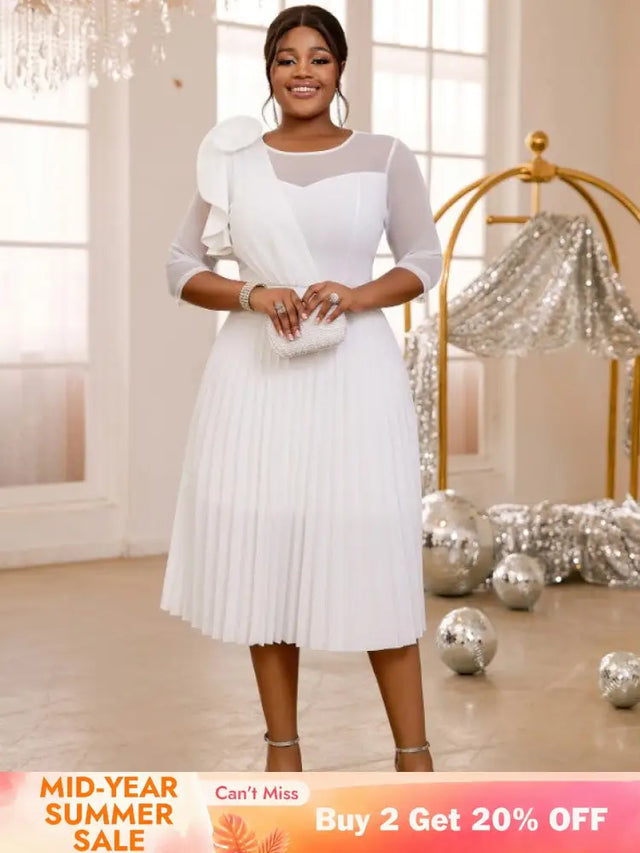 AOMEIDRESS Pleated Dress O Neck Ruffles Flower Tulle Sleeve Patchwork White / S