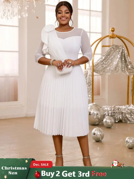 AOMEIDRESS Pleated Dress O Neck Ruffles Flower Tulle Sleeve Patchwork White / S