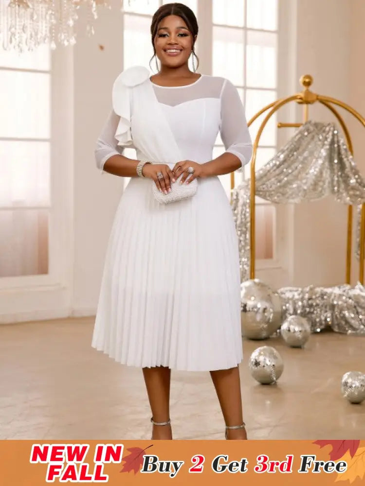 AOMEIDRESS Pleated Dress O Neck Ruffles Flower Tulle Sleeve Patchwork White / S