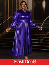 AOMEIDRESS Pleated Dress Turn Down Collar Lantern Sleeves Button Up Blue / S