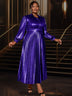 AOMEIDRESS Pleated Dress Turn Down Collar Lantern Sleeves Button Up Blue / S
