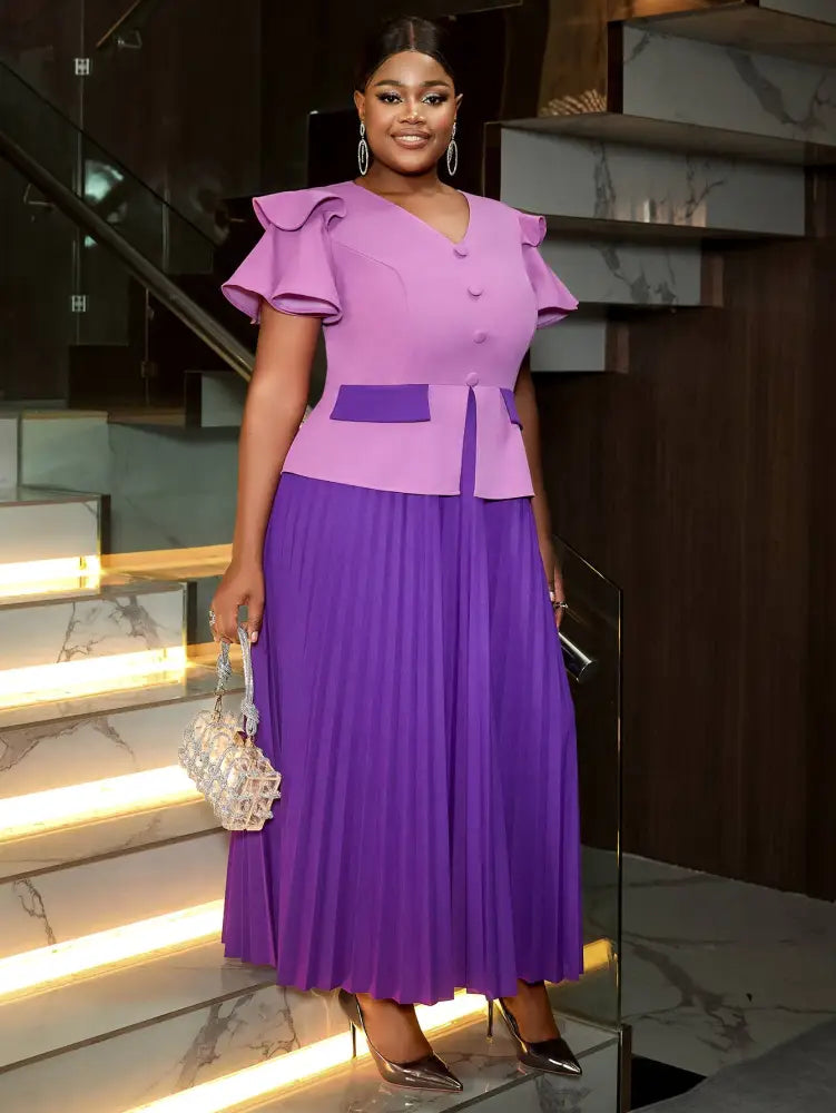 Pleated Dress Wedding Guest Colorblock Ruffle Sleeve Elegant Style

