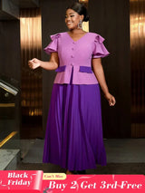 Elegant pleated dress wedding guest style perfect as church clothes for women with ruffle sleeves and colorblock design for a flattering look.








