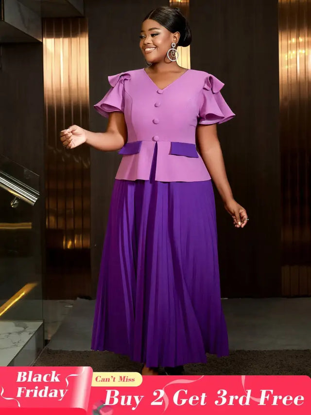 Elegant pleated dress wedding guest style perfect as church clothes for women with ruffle sleeves and colorblock design for a flattering look.








