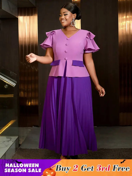 Elegant pleated dress wedding guest style perfect as church clothes for women with ruffle sleeves and colorblock design for a flattering look.








