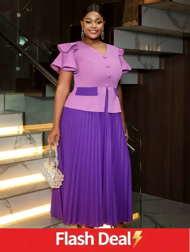 Pleated Dress Wedding Guest Colorblock Ruffle Sleeve Elegant Style

