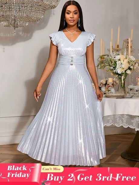 AOMEIDRESS Pleated Formal Dress for Women Occasional V Neck Slim Fit Silver / S
