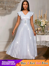 AOMEIDRESS Pleated Formal Dress for Women Occasional V Neck Slim Fit Silver / S