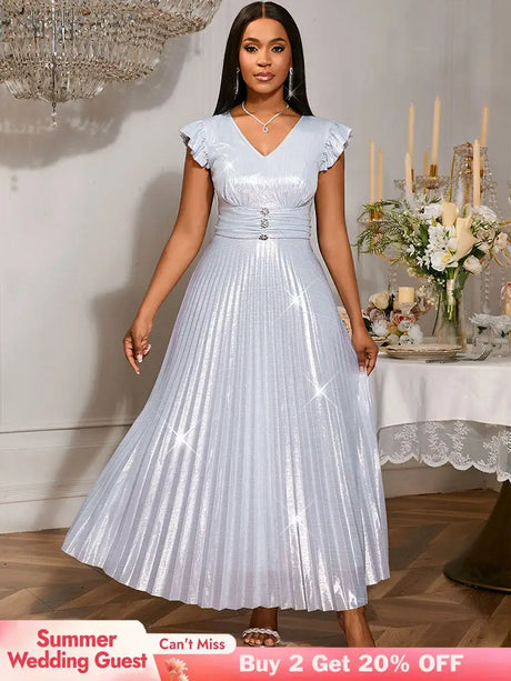 AOMEIDRESS Pleated Formal Dress for Women Occasional V Neck Slim Fit Silver / S