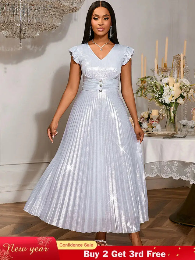 AOMEIDRESS Pleated Formal Dress for Women Occasional V Neck Slim Fit Silver / S