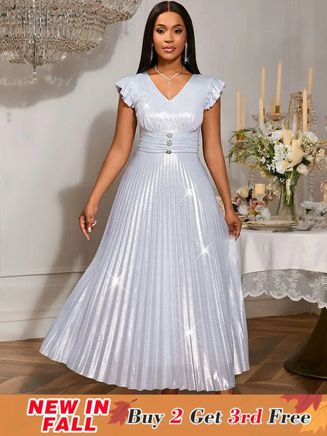AOMEIDRESS Pleated Formal Dress for Women Occasional V Neck Slim Fit Silver / S