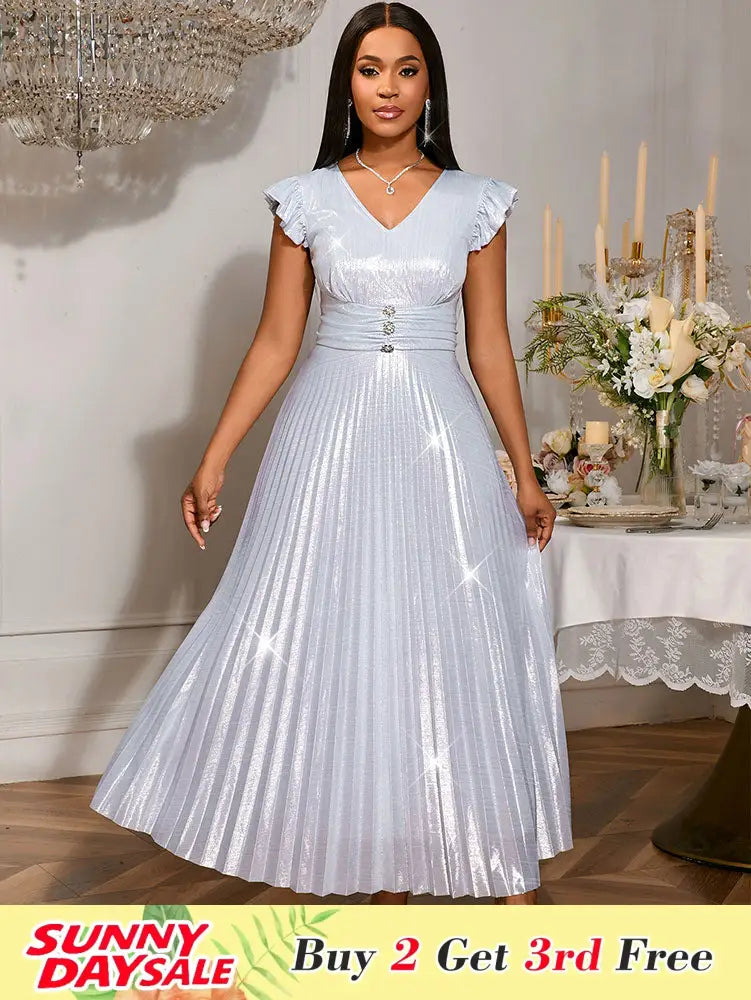 AOMEIDRESS Pleated Formal Dress for Women Occasional V Neck Slim Fit Silver / S