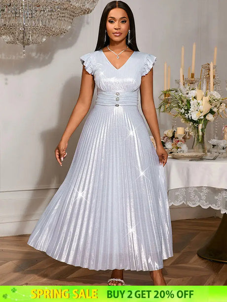 AOMEIDRESS Pleated Formal Dress for Women Occasional V Neck Slim Fit Silver / S