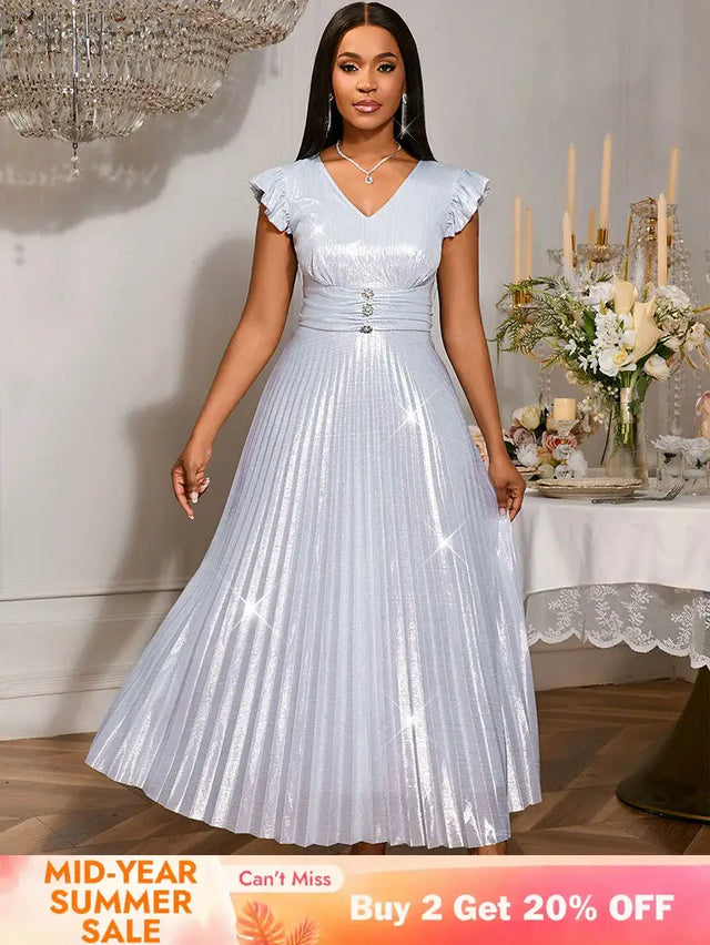 AOMEIDRESS Pleated Formal Dress for Women Occasional V Neck Slim Fit Silver / S