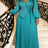 AOMEIDRESS Pleated Midi Dress Ruffled Shoulder Long Sleeve Waist Tie - LakeGreen / S