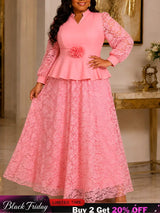 AOMEIDRESS Plus Size Church Two Piece Set Peplum Top with Lace Skirt - Pink / L