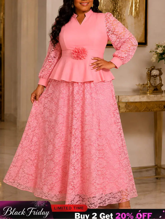 AOMEIDRESS Plus Size Church Two Piece Set Peplum Top with Lace Skirt - Pink / L